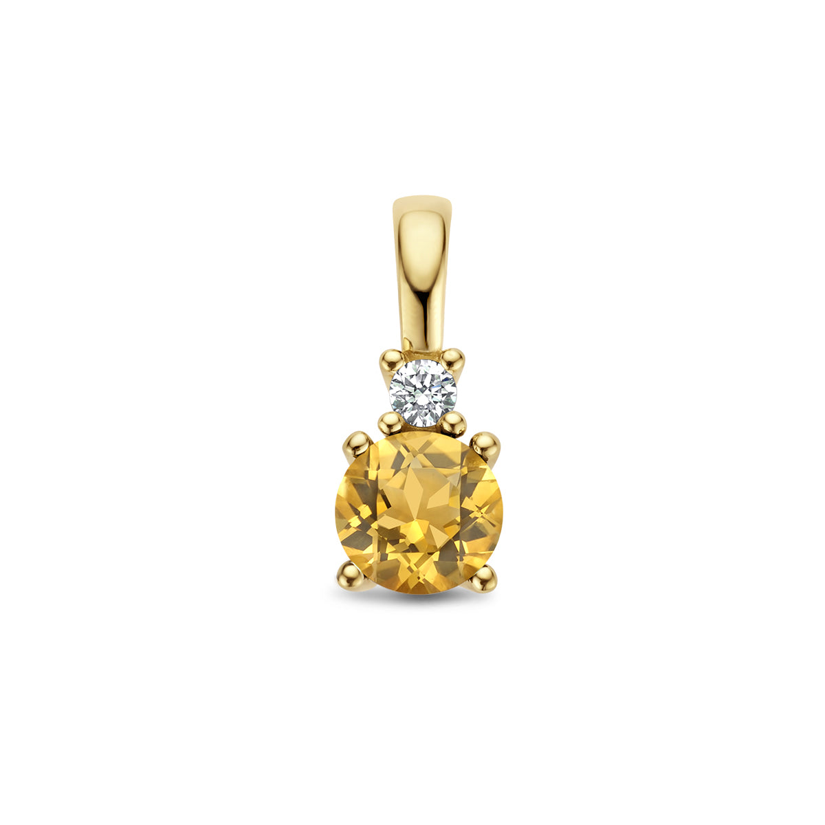 Vooraanzicht van de gouden geboortesteen hanger met citrien en diamant van 14 karaat.