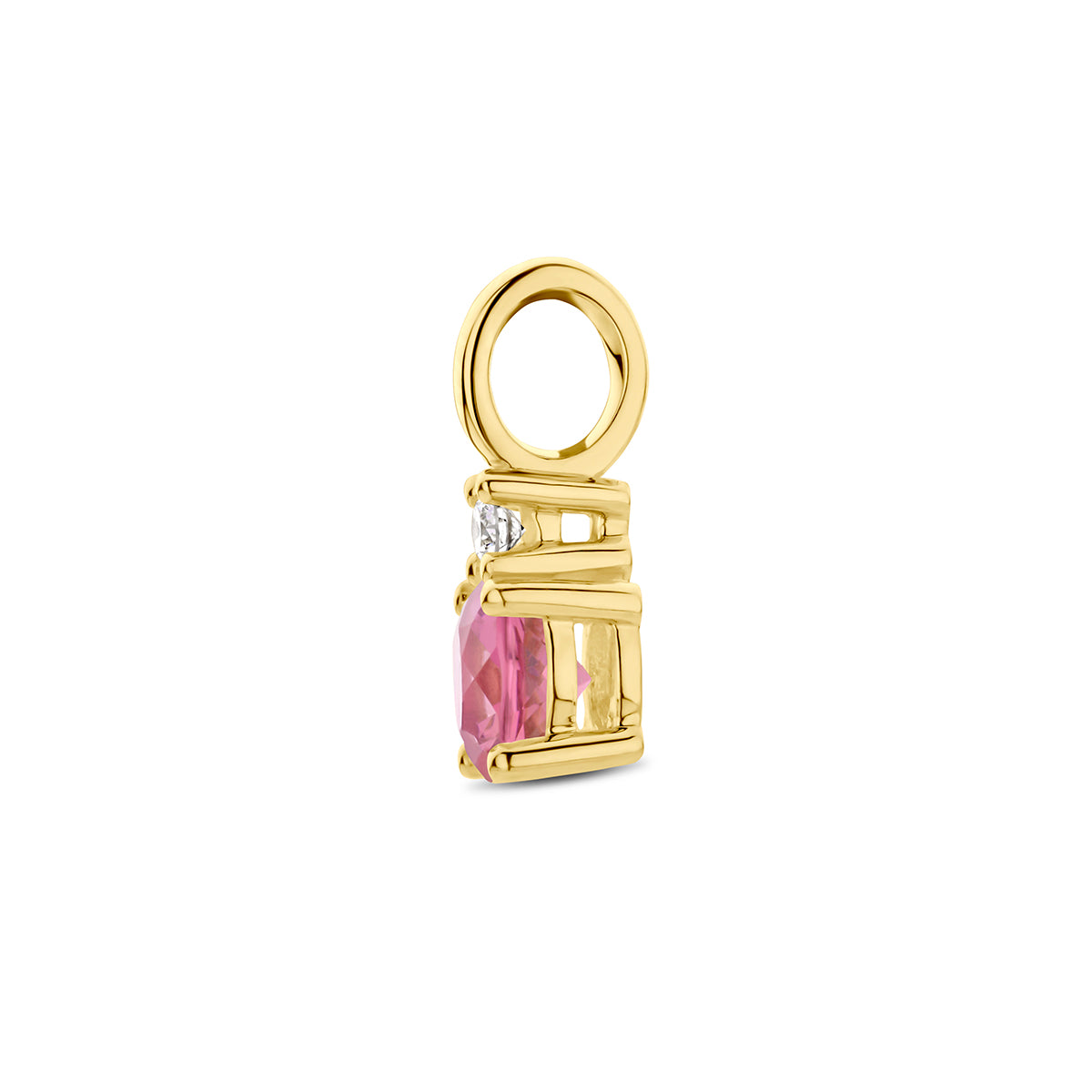 Zijaanzicht van de gouden geboortesteen hanger met roze toermalijn en diamant van 14 karaat.