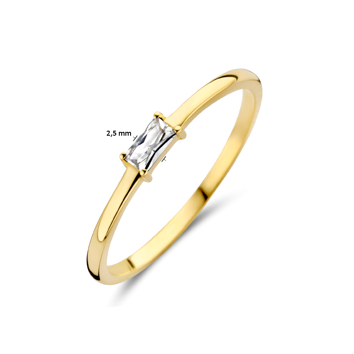 Afmetingen van de gouden geboortesteen ring april met zirkonia van 14 karaat: 2,5 mm breed.