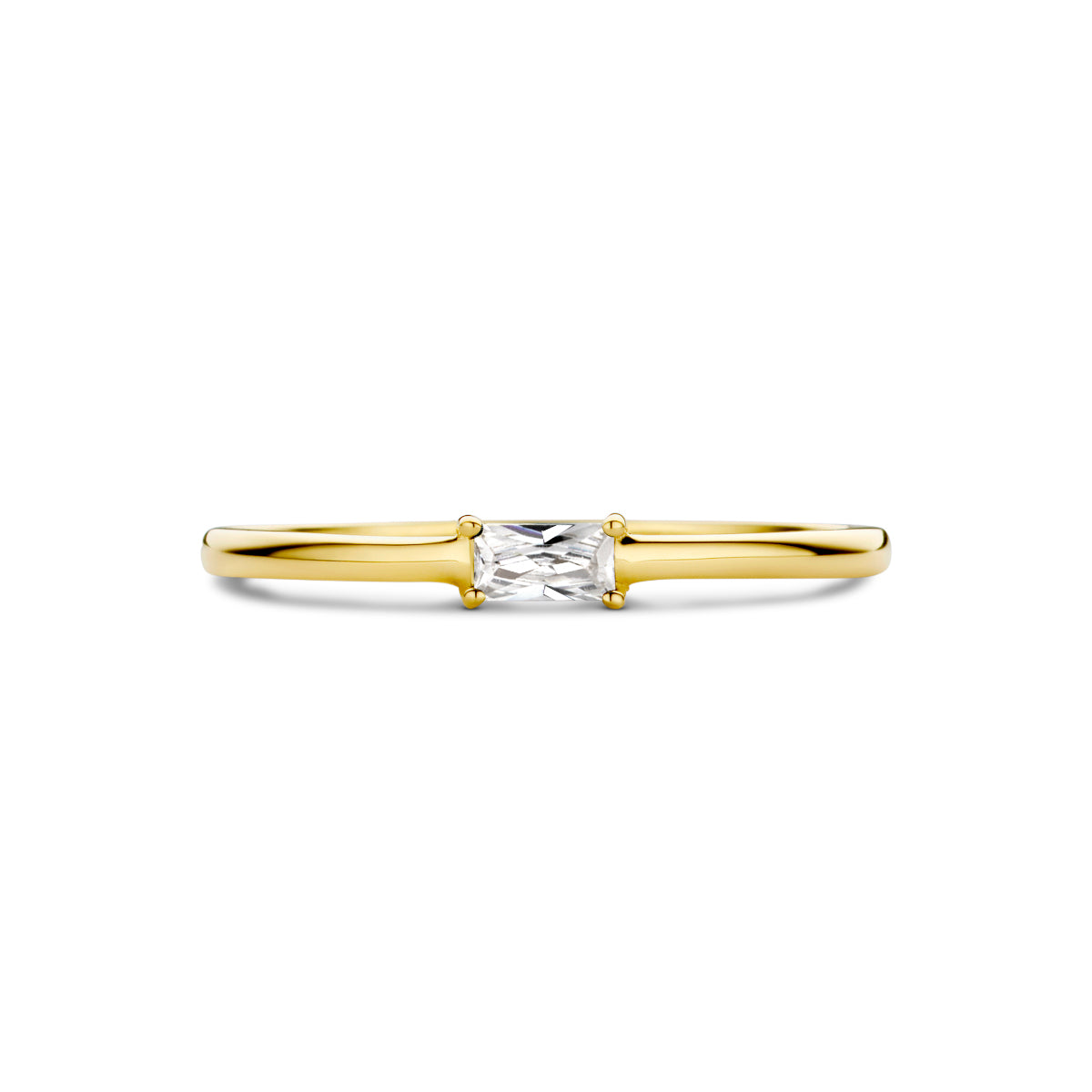 Bovenaanzicht van de gouden geboortesteen ring april met zirkonia van 14 karaat.