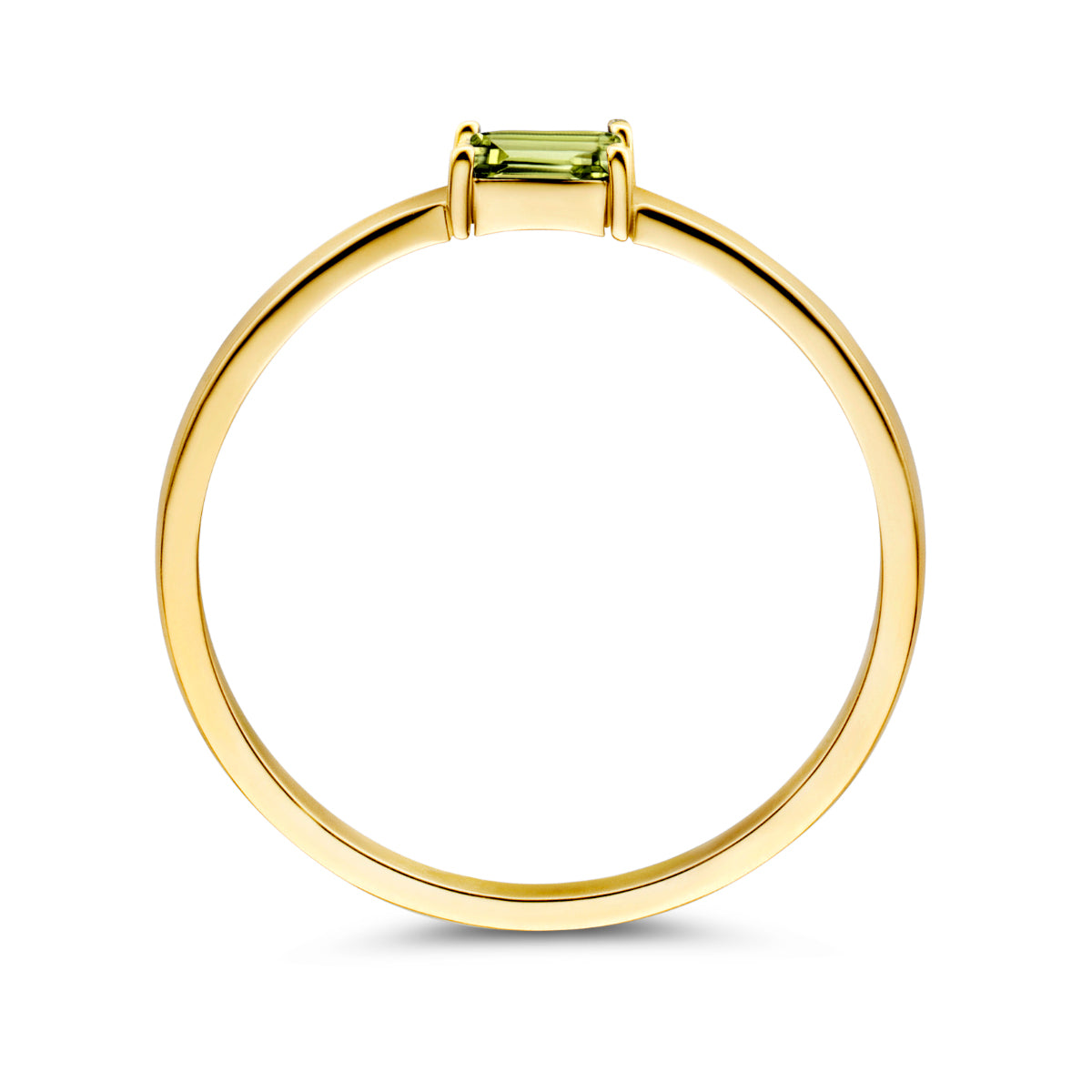 Zijaanzicht van de gouden geboortesteen ring augustus met peridoot van 14 karaat.