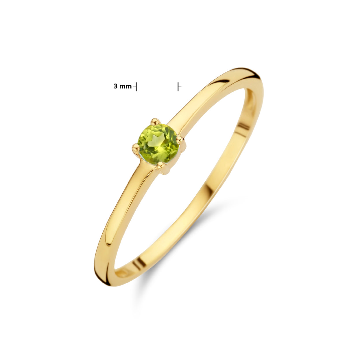 Afmetingen van de gouden geboortesteen ring met peridoot van 14 karaat: steen 3 mm.