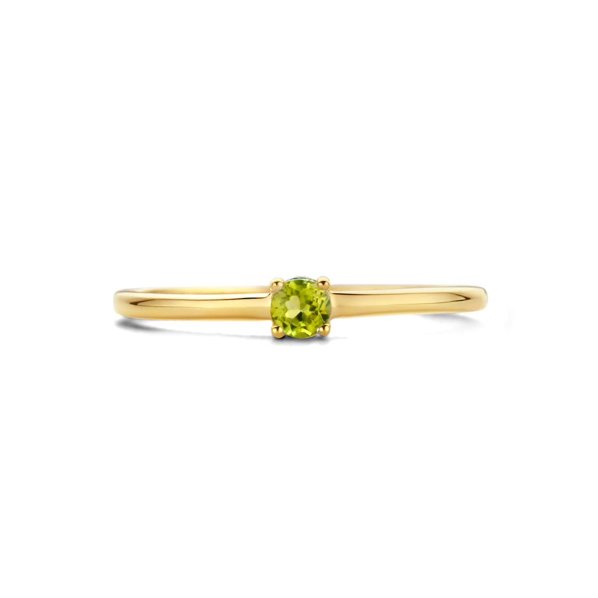 Zijaanzicht van de gouden geboortesteen ring met peridoot van 14 karaat.