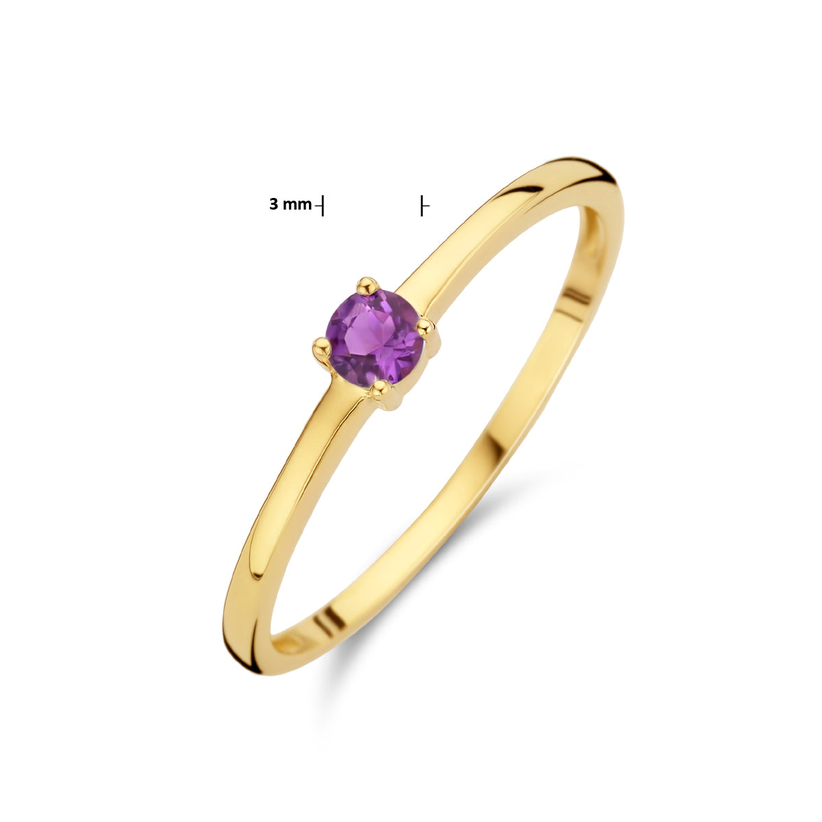 Afmetingen van de gouden geboortesteen ring met amethist van 14 karaat: steen 3 mm.