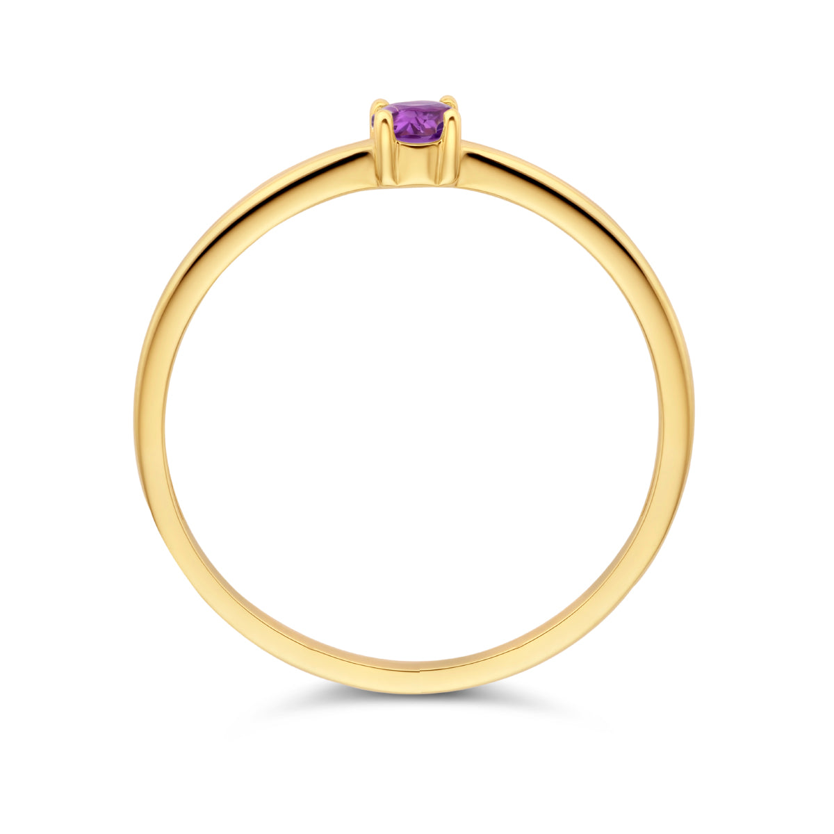 Bovenaanzicht van de gouden geboortesteen ring met amethist van 14 karaat.