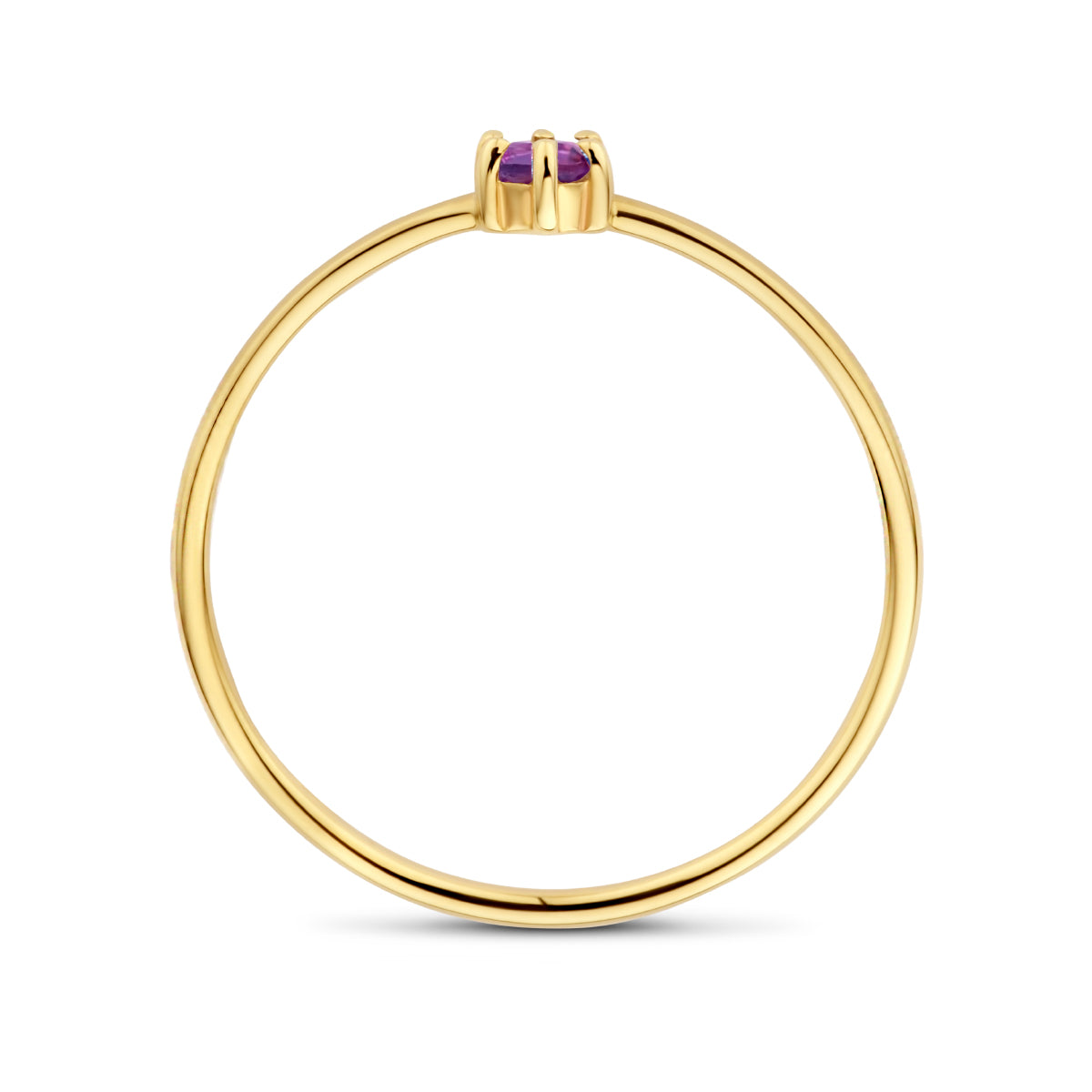 Zijaanzicht van de gouden geboortesteen ring met amethist van 14 karaat.
