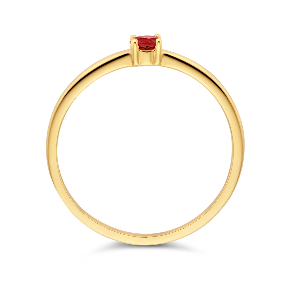Bovenaanzicht van de gouden geboortesteen ring met granaat van 14 karaat.