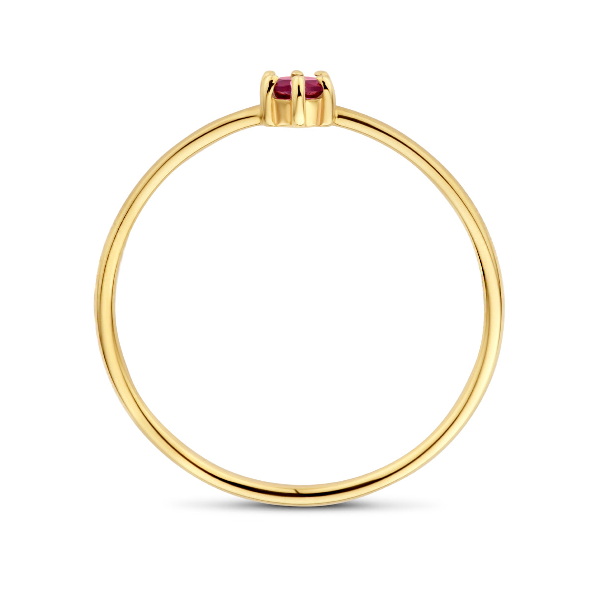 Zijaanzicht van de gouden geboortesteen ring met granaat van 14 karaat.