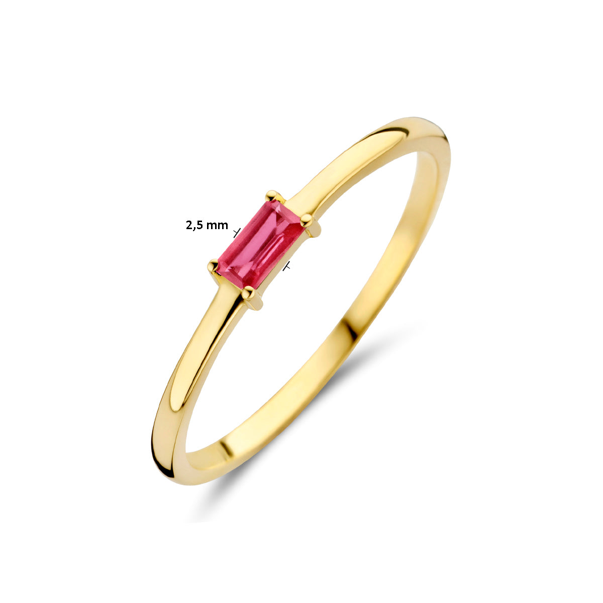 Afmetingen van de gouden geboortesteen ring juli met robijn van 14 karaat: 2,5 mm breed.