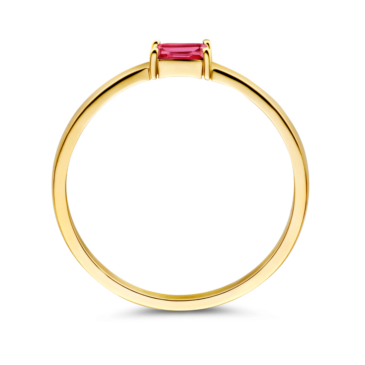 Zijaanzicht van de gouden geboortesteen ring juli met robijn van 14 karaat.