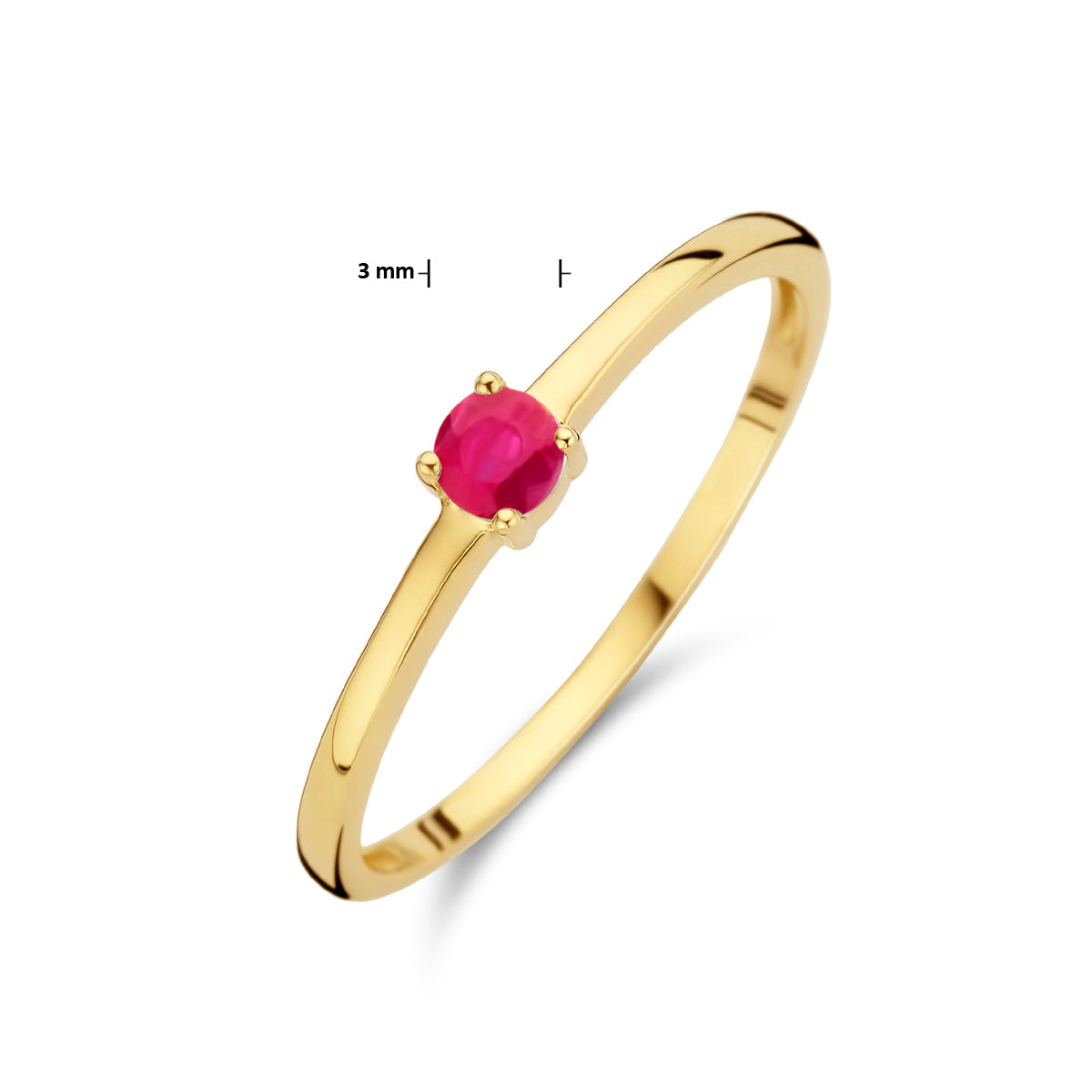 Afmetingen van de gouden geboortesteen ring met robijn van 14 karaat: steen 3 mm.