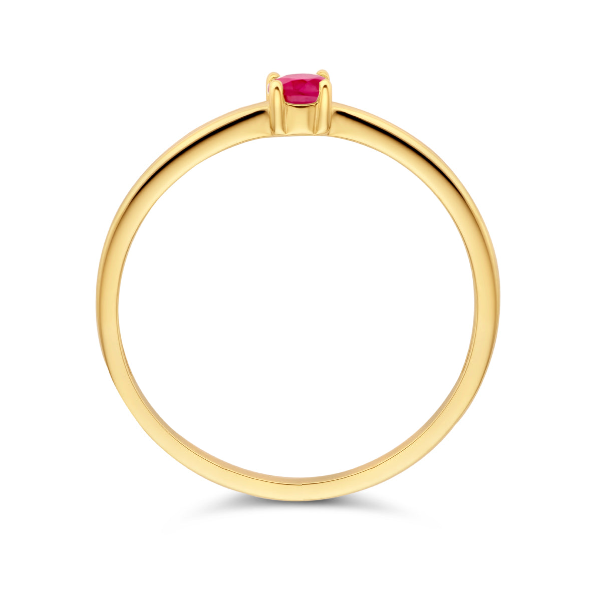 Bovenaanzicht van de gouden geboortesteen ring met robijn van 14 karaat.