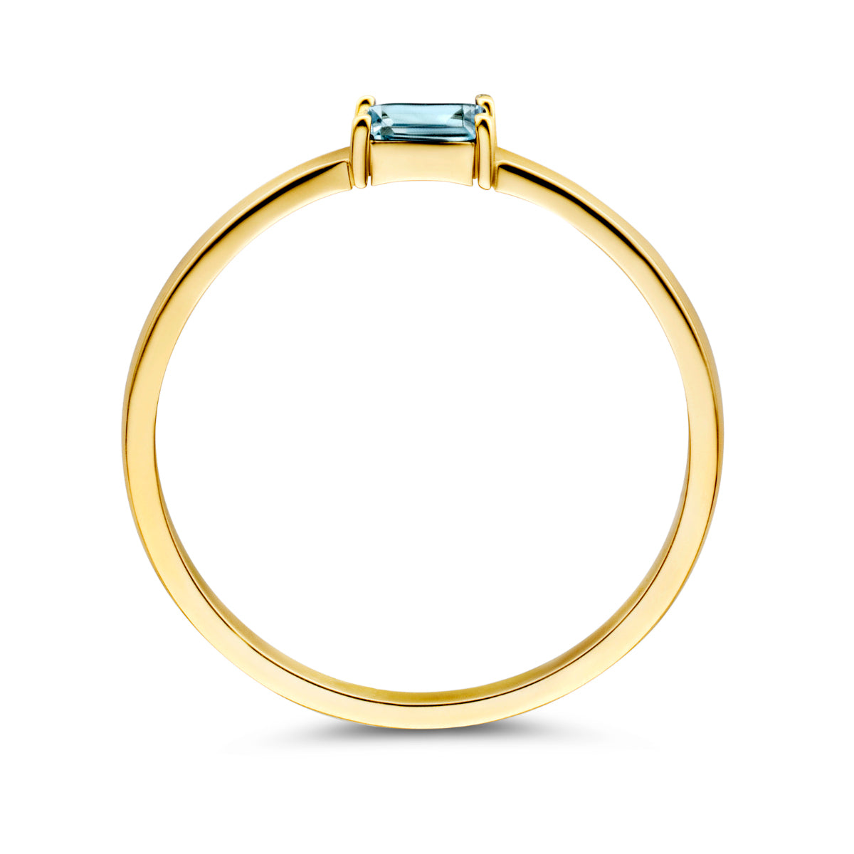 Zijaanzicht van de gouden geboortesteen ring maart met aquamarijn van 14 karaat.