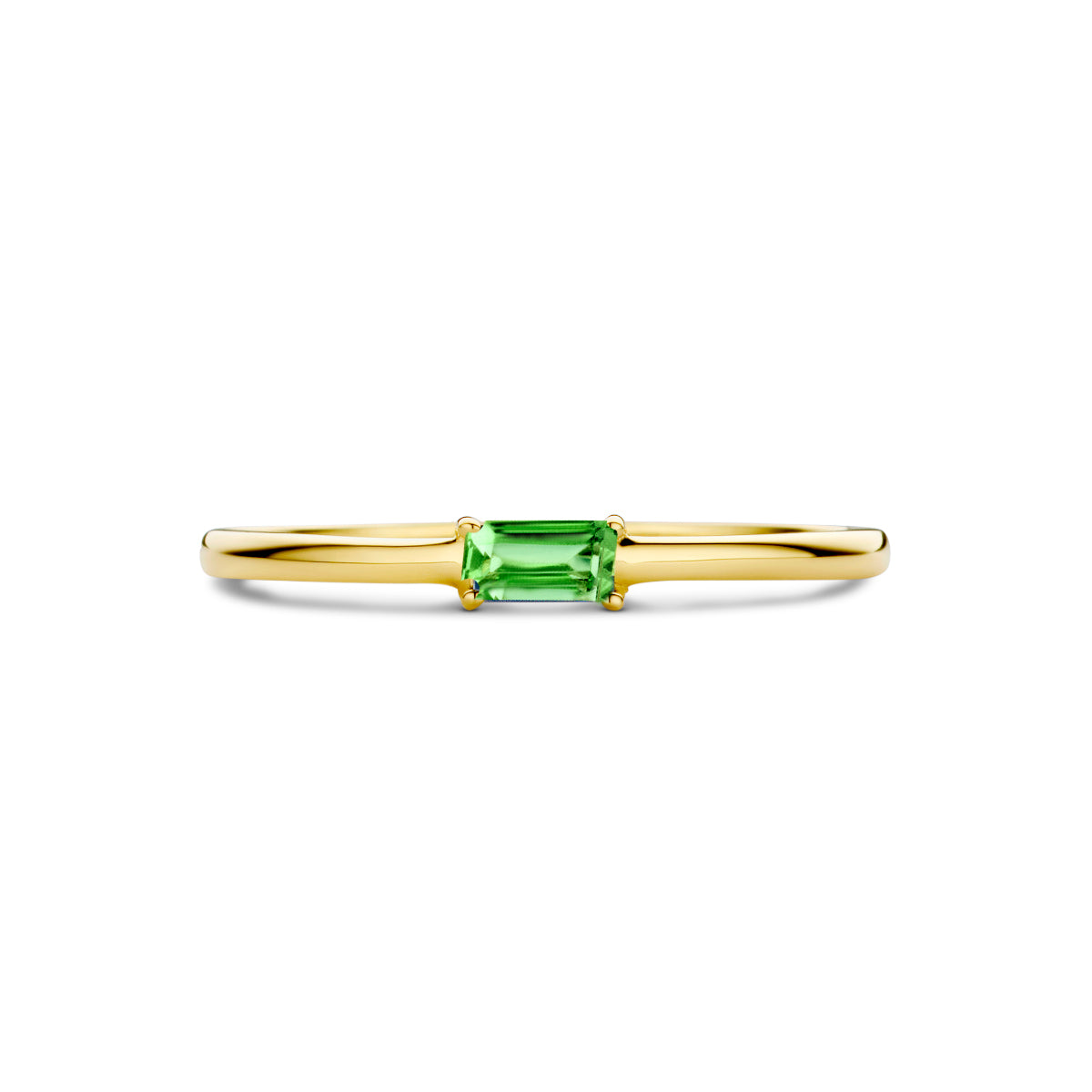 Bovenaanzicht van de gouden geboortesteen ring mei met smaragd van 14 karaat.