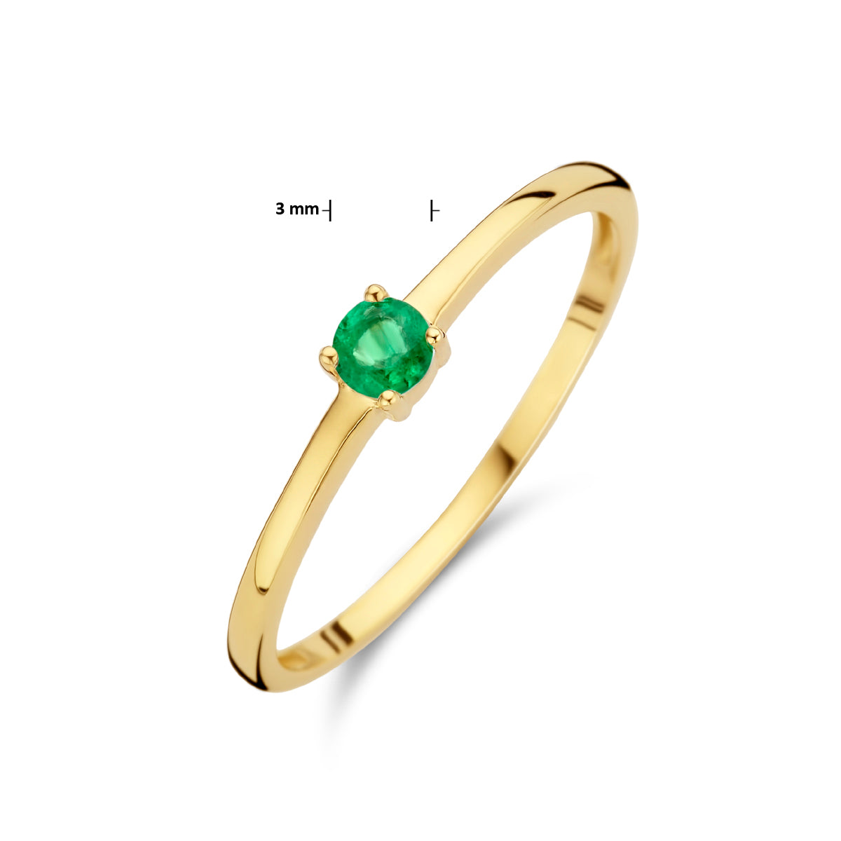 Afmetingen van de gouden geboortesteen ring met smaragd van 14 karaat: steen 3 mm.
