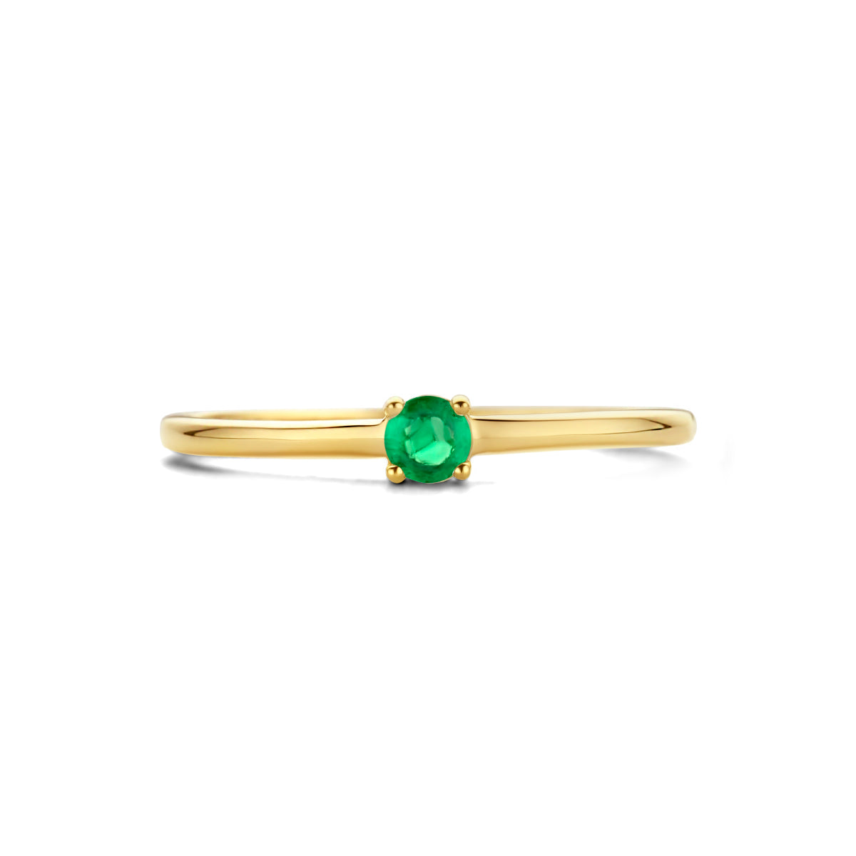 Zijaanzicht van de gouden geboortesteen ring met smaragd van 14 karaat.