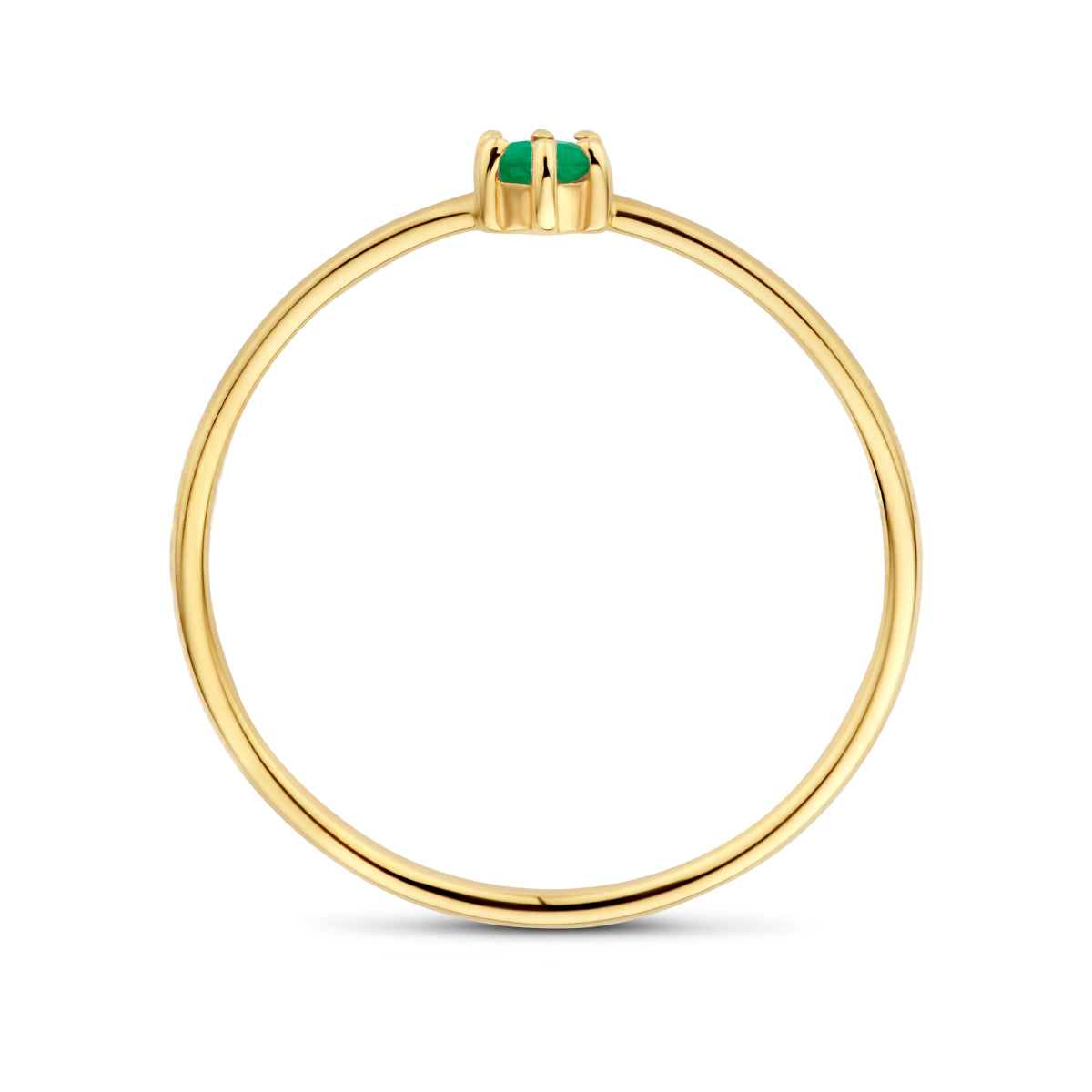 Zijaanzicht van de gouden geboortesteen ring met smaragd van 14 karaat.