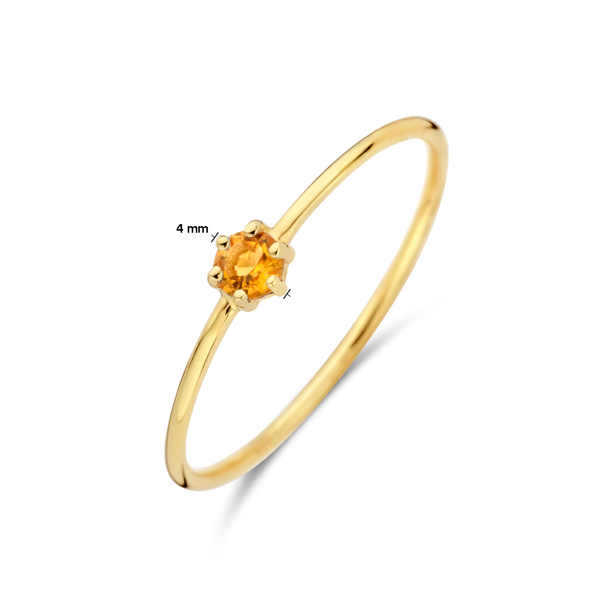 Afmetingen van de gouden geboortesteen ring met citrien van 14 karaat: 4 mm breed, steen 3 mm.
