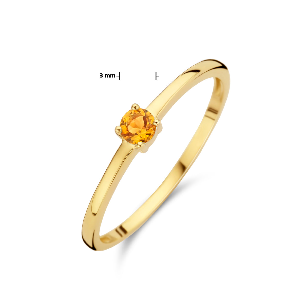 Afmetingen van de gouden geboortesteen ring met citrien van 14 karaat: steen 3 mm.