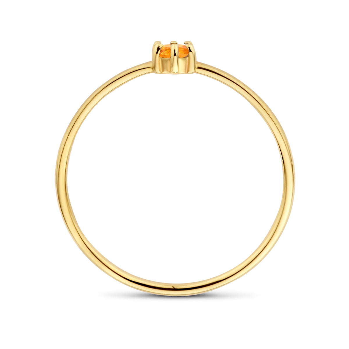 Zijaanzicht van de gouden geboortesteen ring met citrien van 14 karaat.