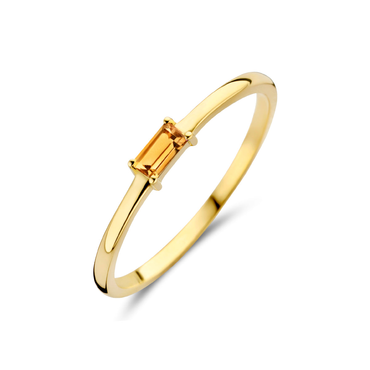 Schuin bovenaanzicht van de gouden geboortesteen ring november met citrien van 14 karaat.