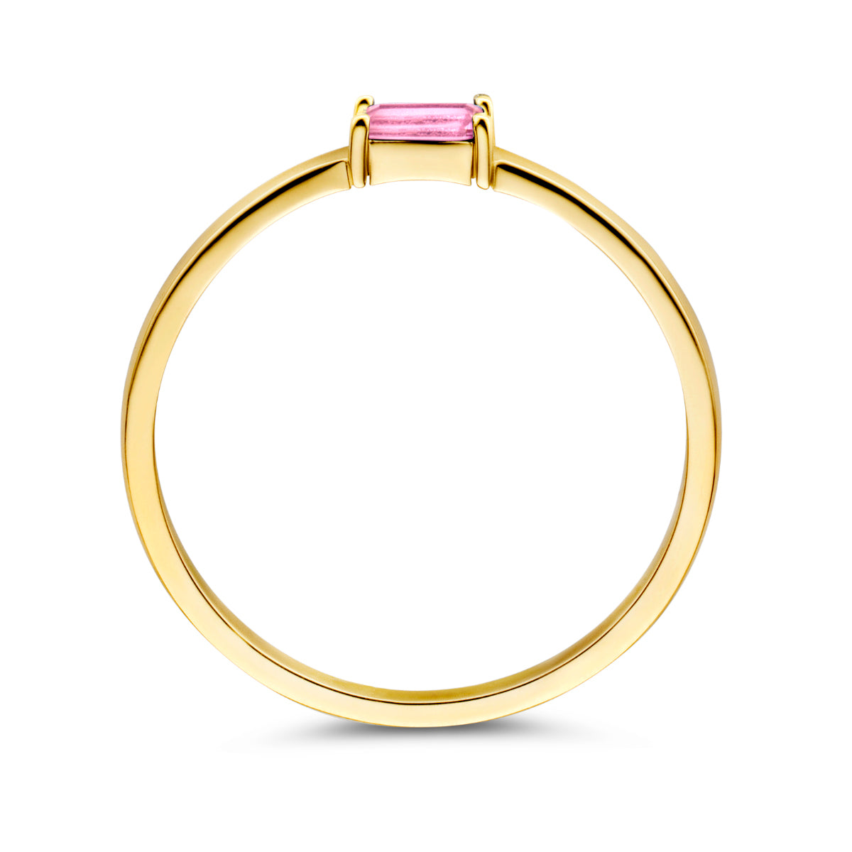 Zijaanzicht van de gouden geboortesteen ring oktober met toermalijn van 14 karaat.