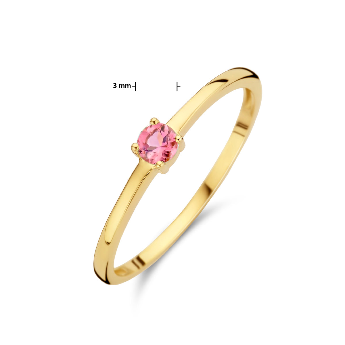Afmetingen van de gouden geboortesteen ring met roze toermalijn van 14 karaat: steen 3 mm.