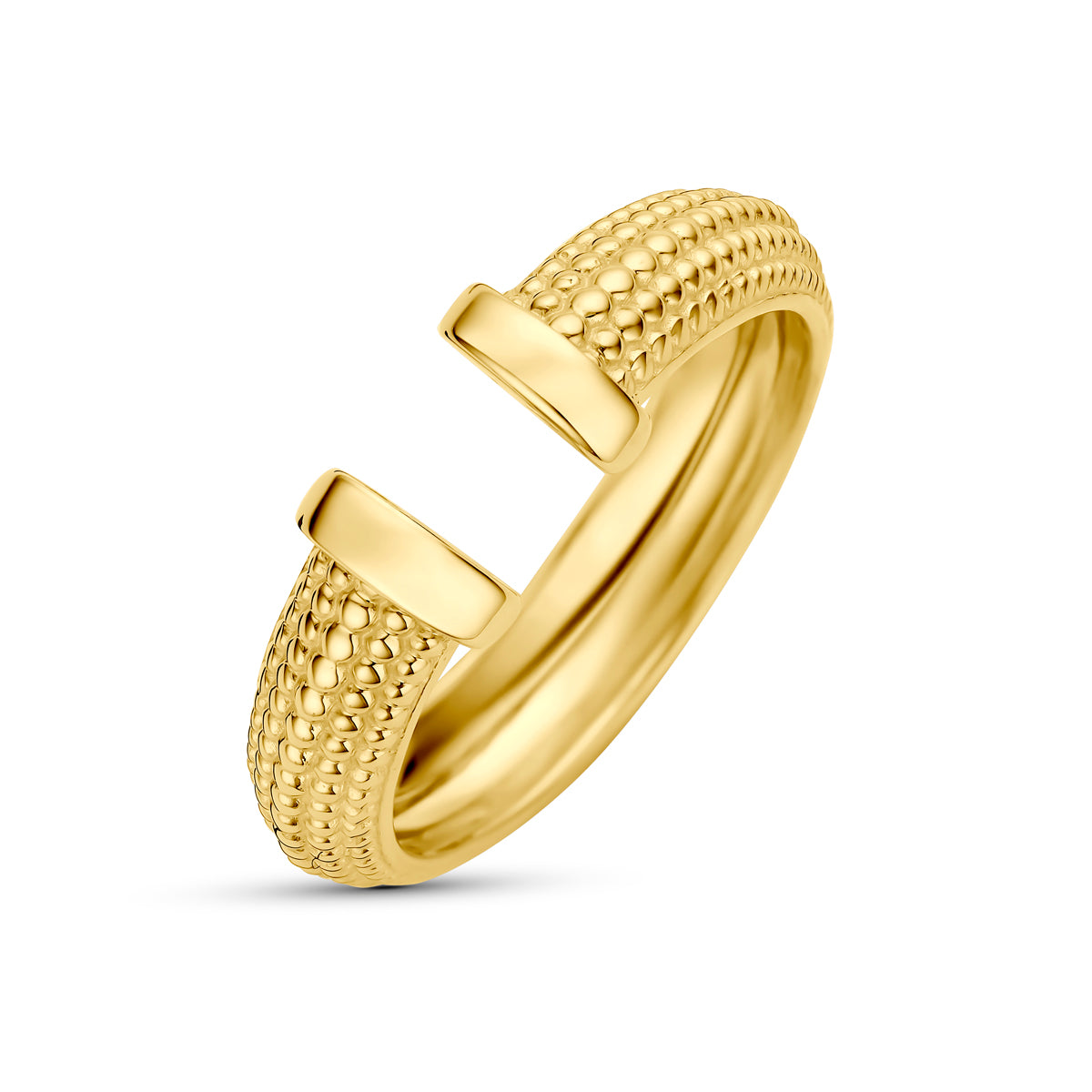Schuin bovenaanzicht van de gouden gediamanteerde ring van 14 karaat.