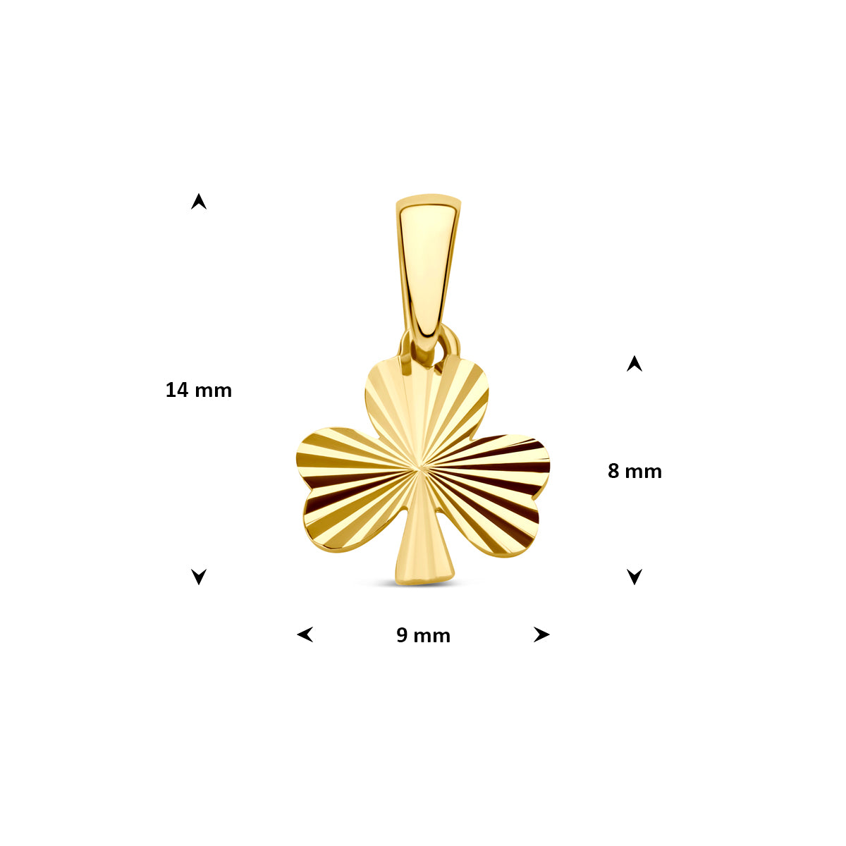 Afmetingen van de gouden klaver hanger van 14 karaat: 14 mm hoog inclusief oog, 8 mm zonder oog en 9 mm breed.