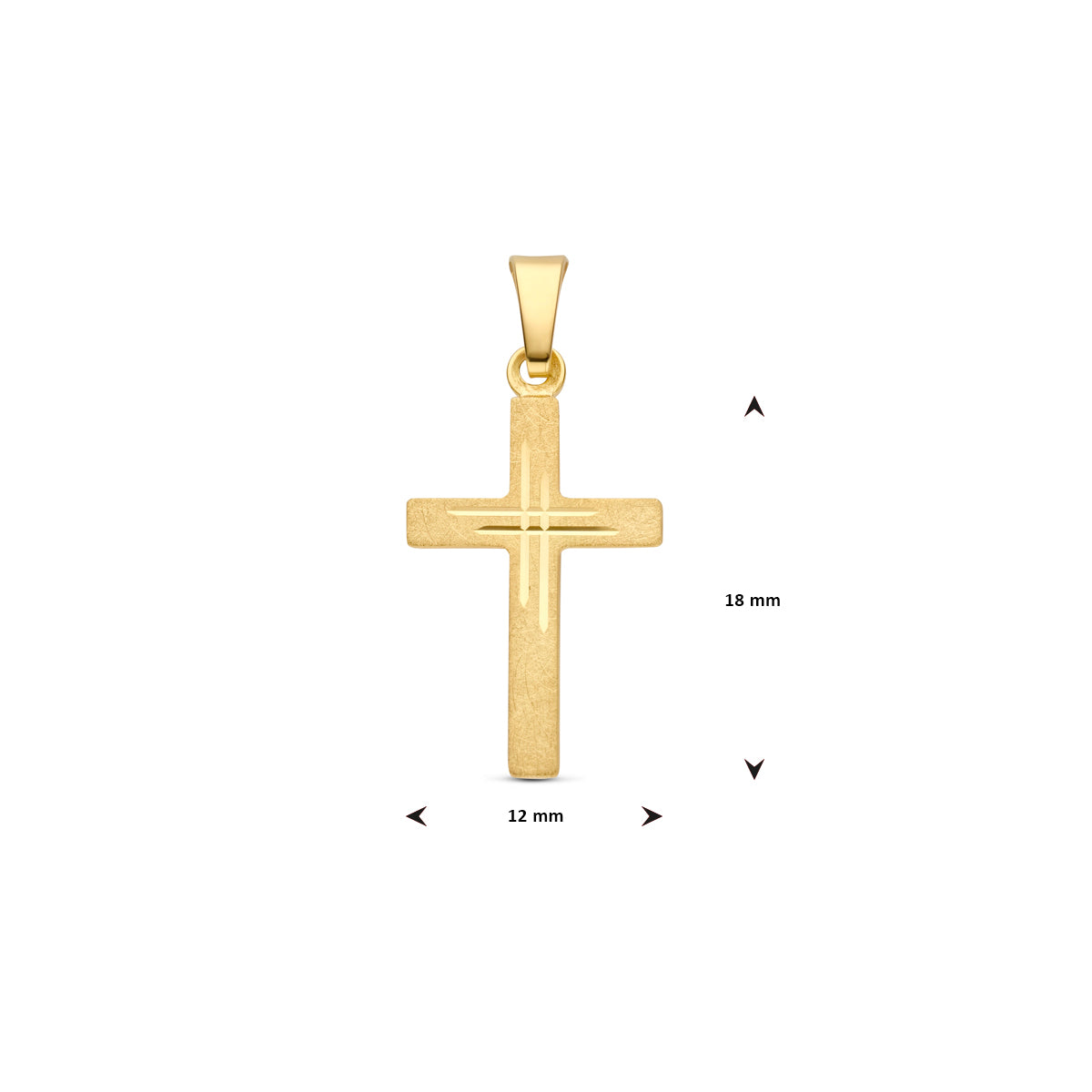 Afmetingen van de gouden kruis hanger van 14 karaat: 26 mm hoog inclusief oog, 18 mm zonder oog en 12 mm breed.