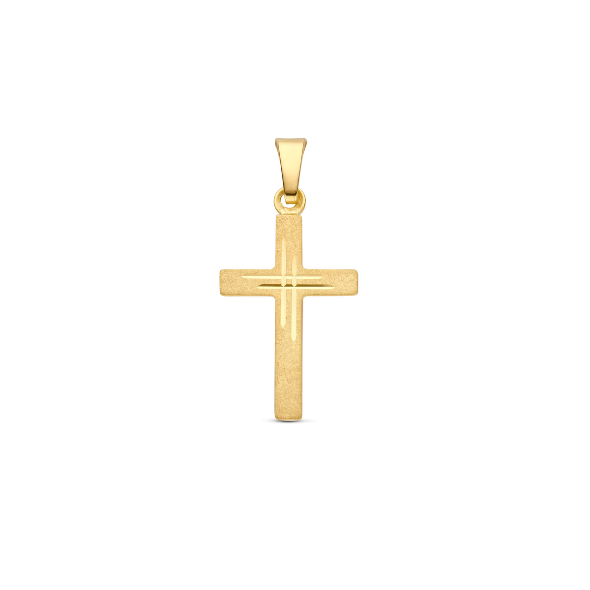 Vooraanzicht van de gouden kruis hanger van 14 karaat.
