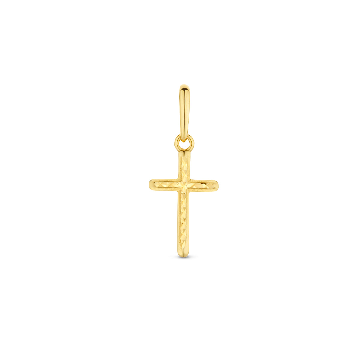 Vooraanzicht van de gouden kruisje hanger van 14 karaat.
