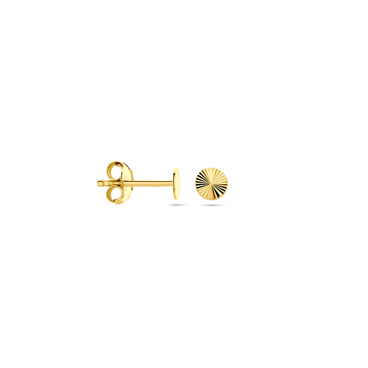 Voor- en zijaanzicht van de gouden gediamanteerde oorknopjes van 14 karaat.