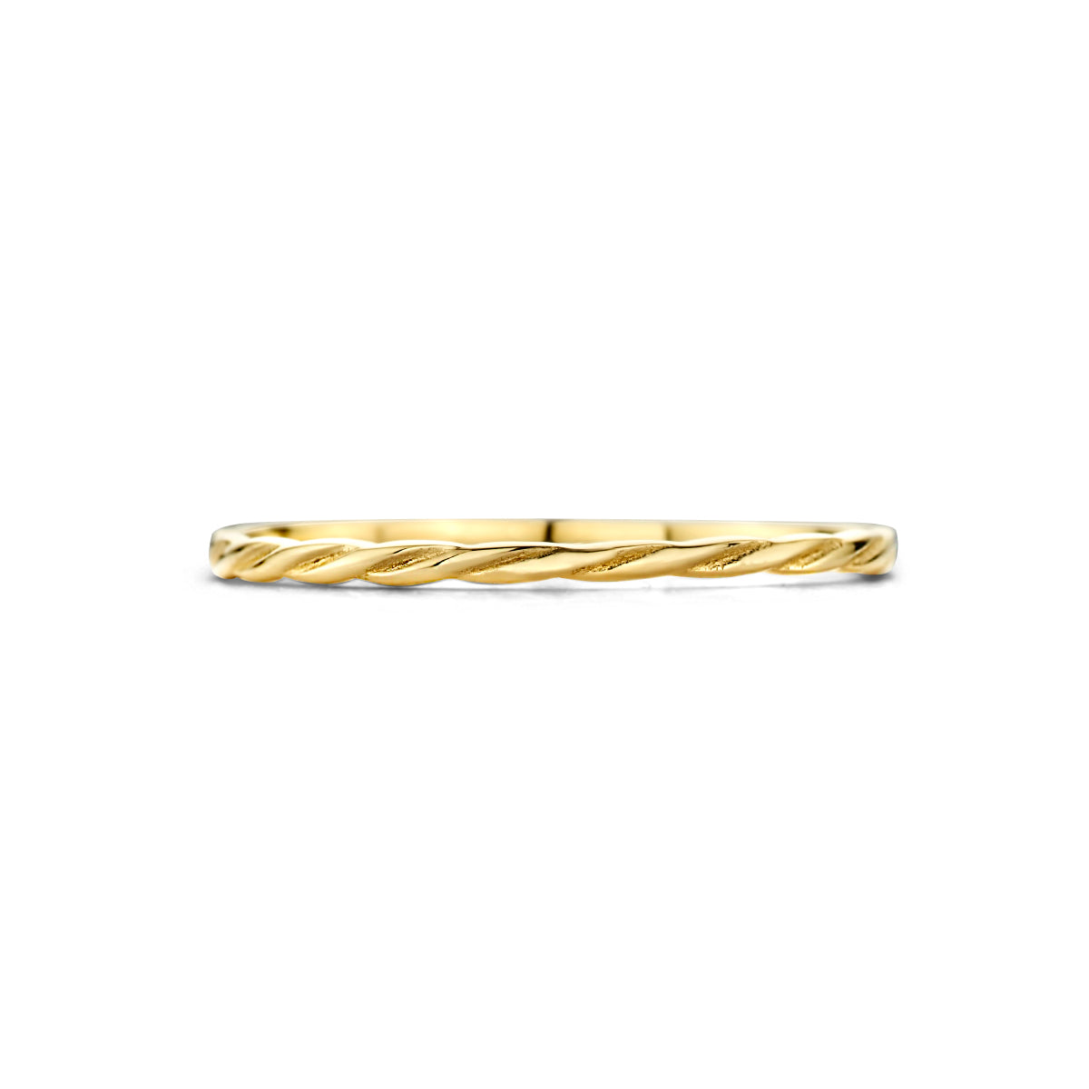Bovenaanzicht van de 14 karaat gouden gedraaide ring, plat liggend van bovenaf gezien.