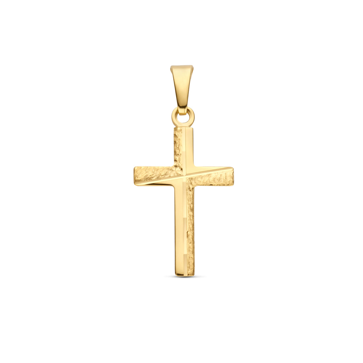 Vooraanzicht van de gouden gehamerde kruis hanger van 14 karaat.