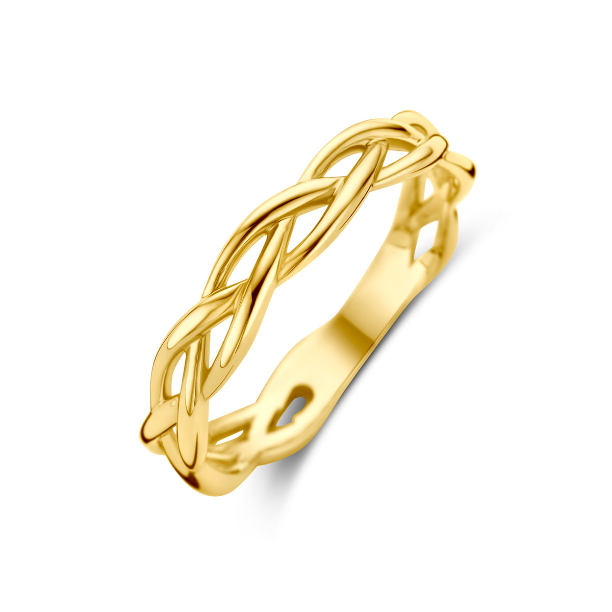 Schuin bovenaanzicht van de gouden gevlochten ring van 14 karaat.