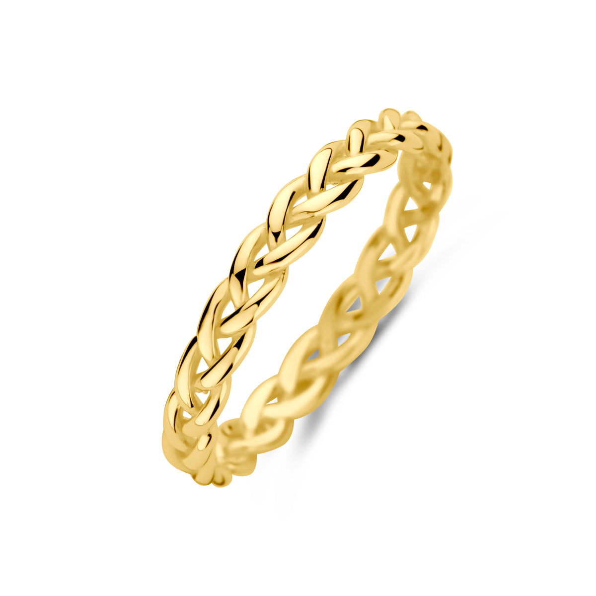Schuin bovenaanzicht van de gouden gevlochten ring van 14 karaat.