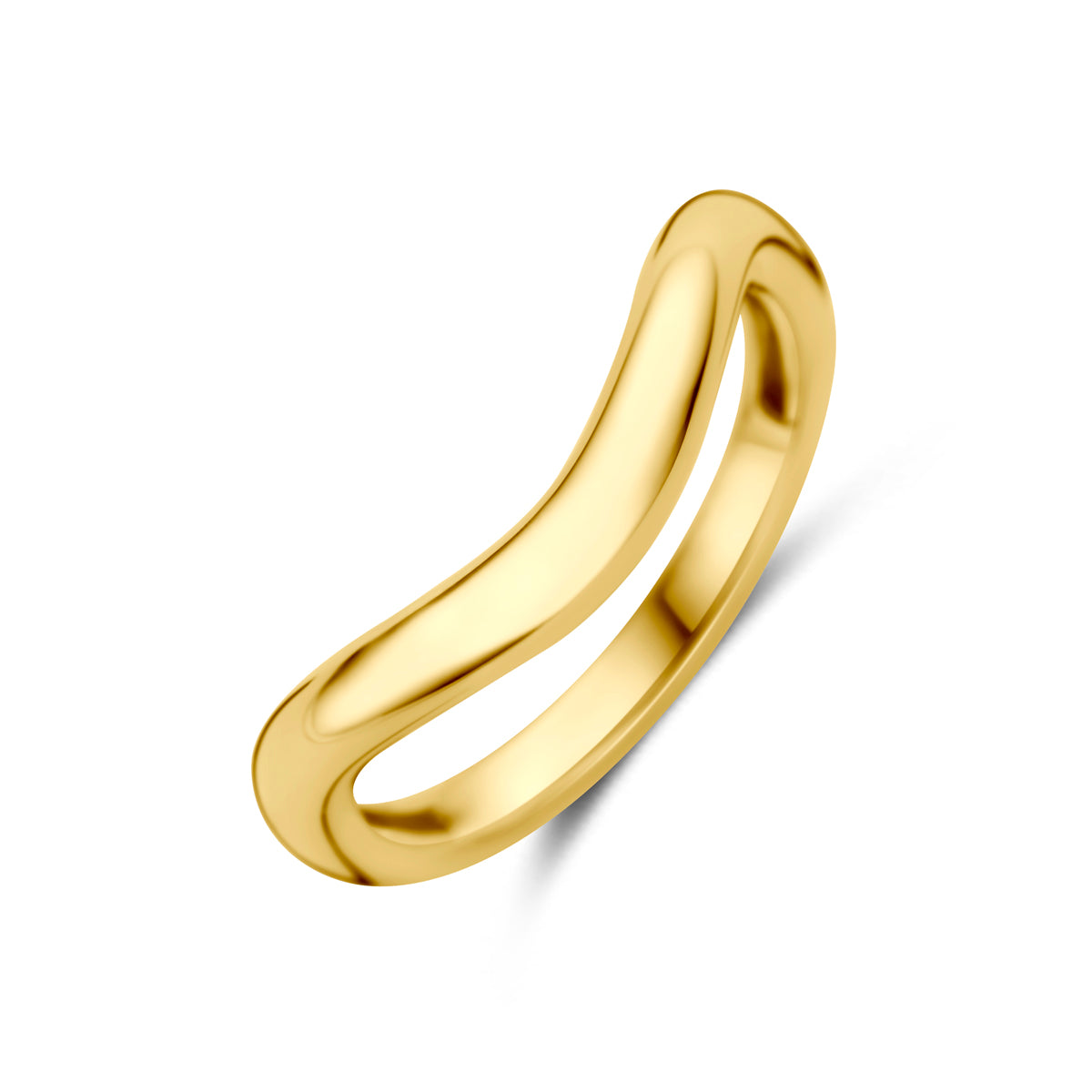 Schuin bovenaanzicht van de gouden golvende ring van 14 karaat.