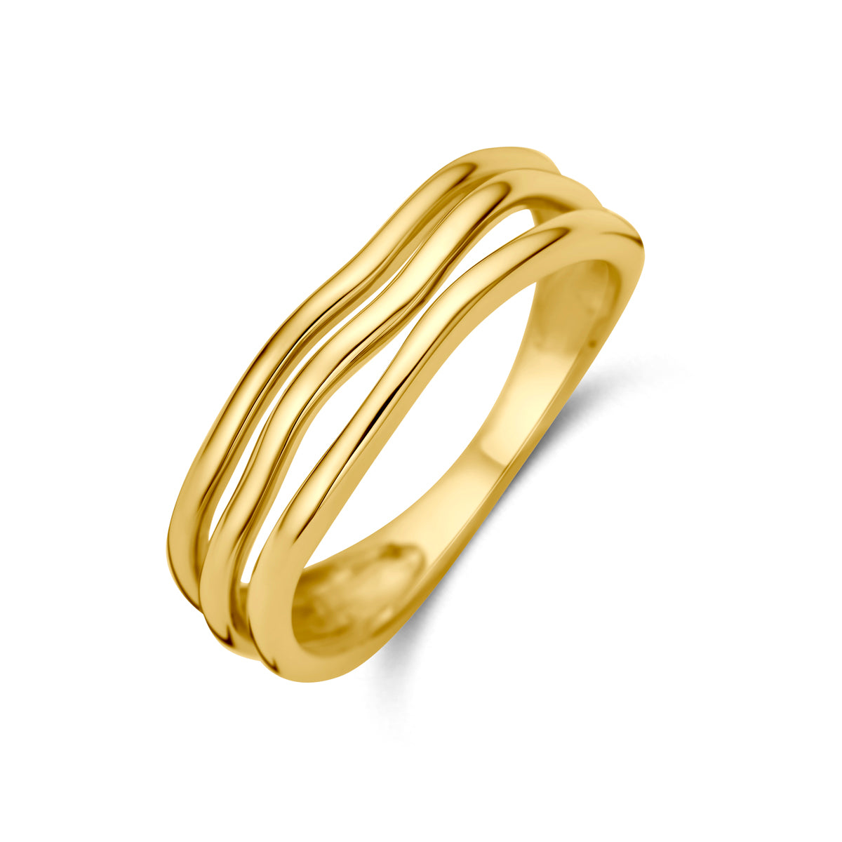 Schuin bovenaanzicht van de gouden golvende ring van 14 karaat.