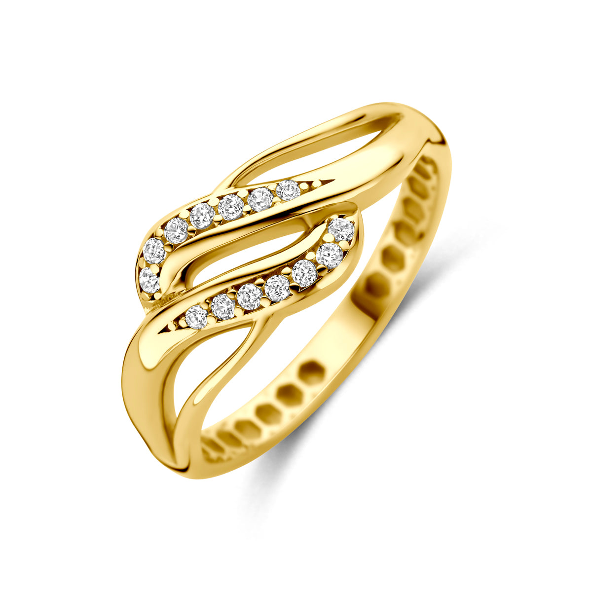Schuin bovenaanzicht van de gouden golvende ring met zirkonia van 14 karaat.