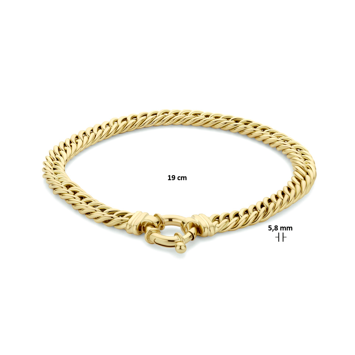 Afmetingen van de gouden gourmet armband van 14 karaat: 19 cm lang en 5,8 mm breed.