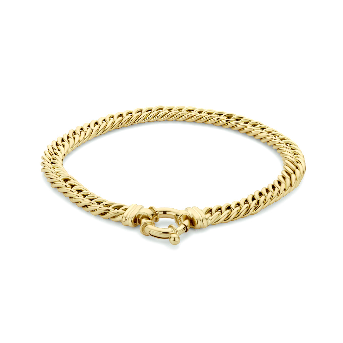 Vooraanzicht van de gouden gourmet armband van 14 karaat, 19 cm.