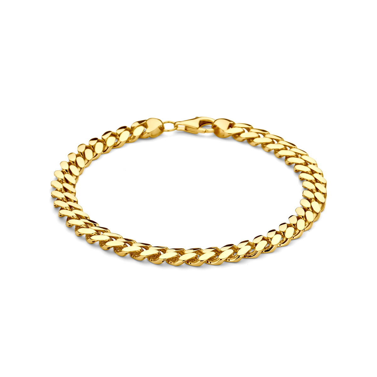 Vooraanzicht van de gouden gourmet armband voor heren van 14 karaat.