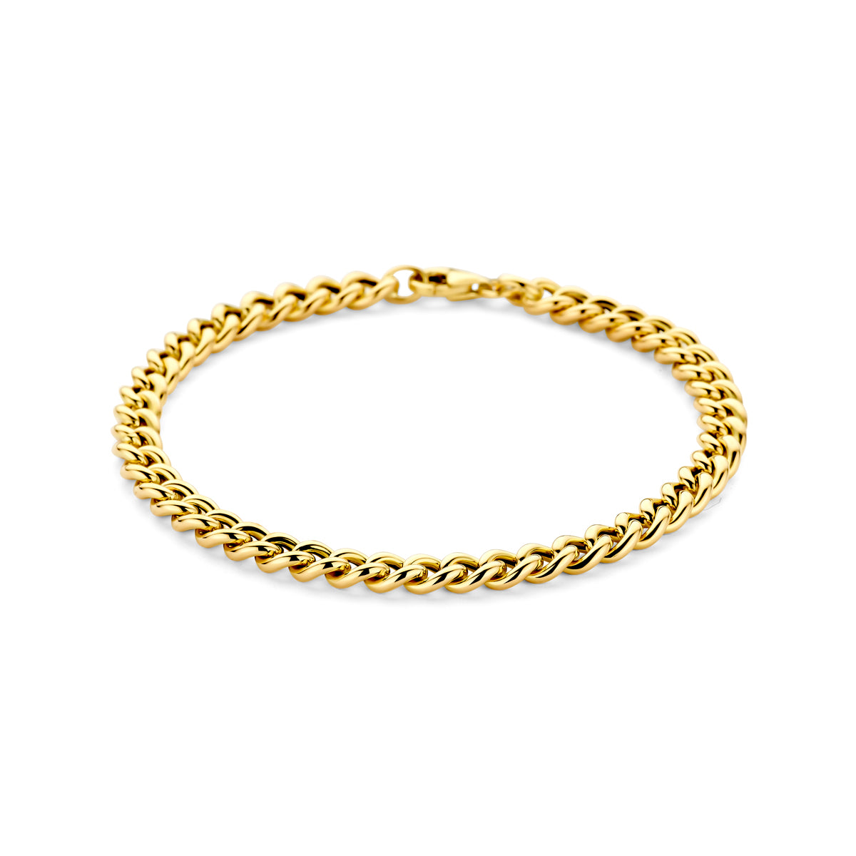 Vooraanzicht van de gouden gourmette armband van 14 karaat.