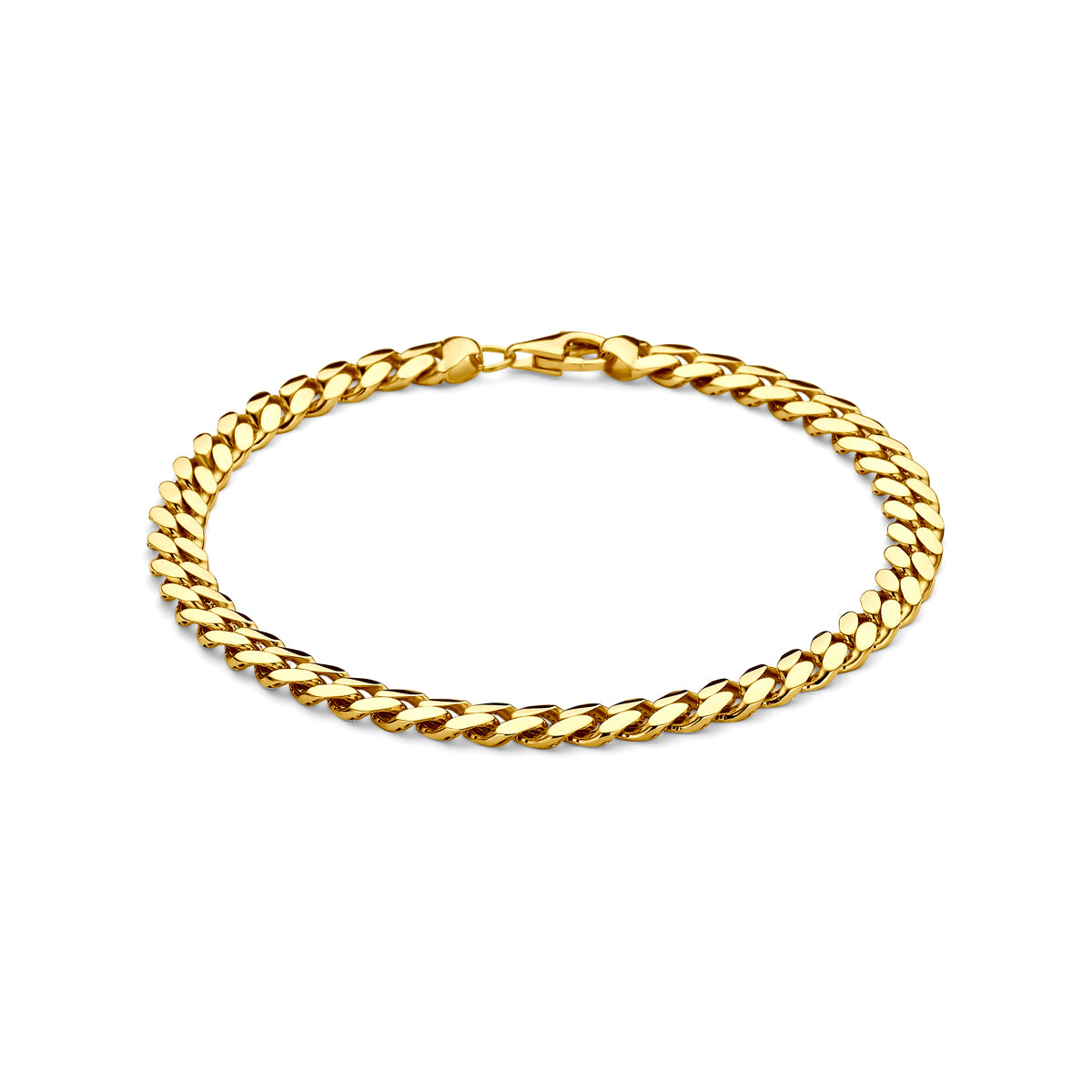 Vooraanzicht van de gouden gourmette herenarmband van 14 karaat.