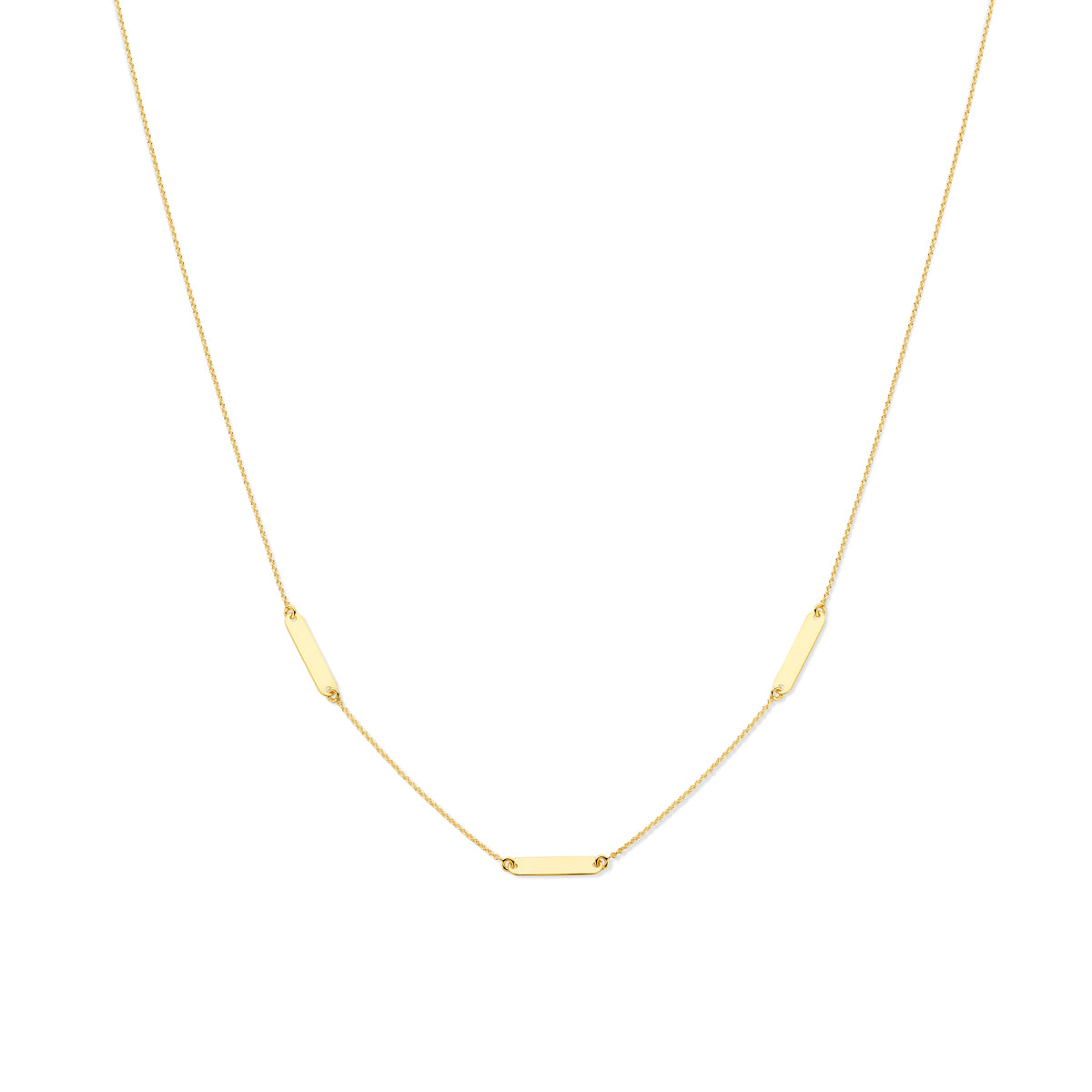 Vooraanzicht van de gouden graveer ketting met plaatjes van 14 karaat.