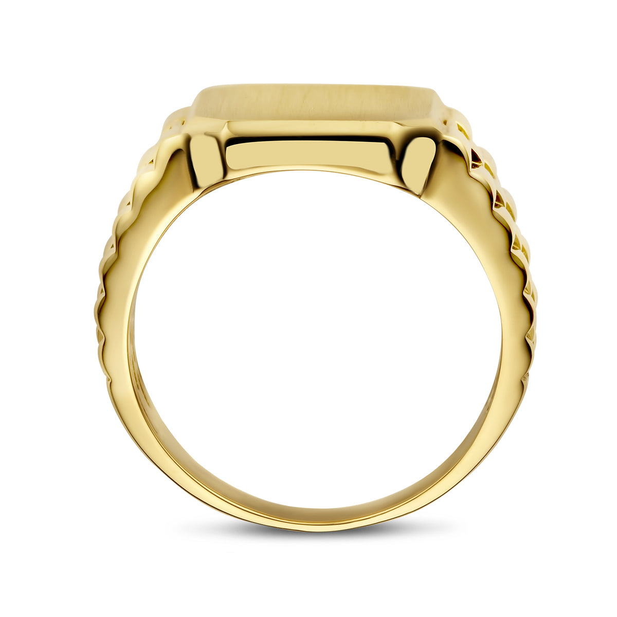 Zijaanzicht van de 14 karaat gouden graveerring gematteerd voor heren, zodat het profiel van de ring zichtbaar is.