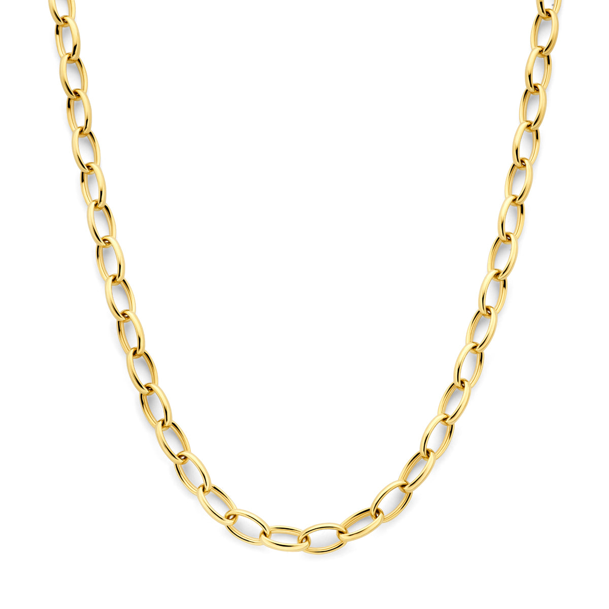 Vooraanzicht van de gouden grove ankerketting van 14 karaat.