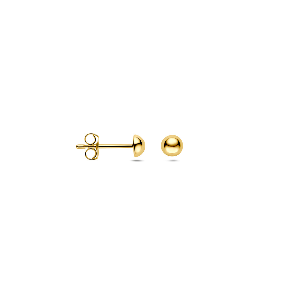 Voor- en zijaanzicht van de gouden half bolle oorknopjes van 14 karaat.