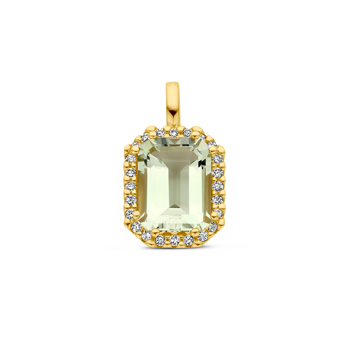Vooraanzicht van de gouden halo hanger met groene amethist van 14 karaat.